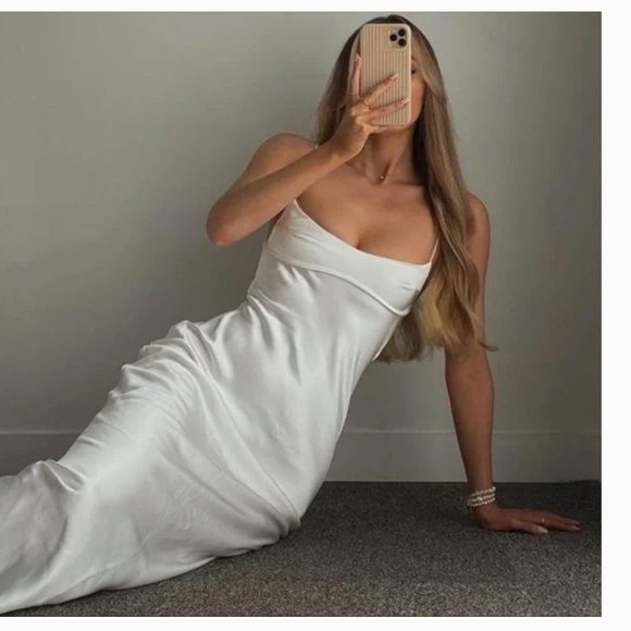 ZARA WHITE SATIN EFFECT CUT OUT BACK MIDI MAXI SLIP DRESS - Picture 16 of 17